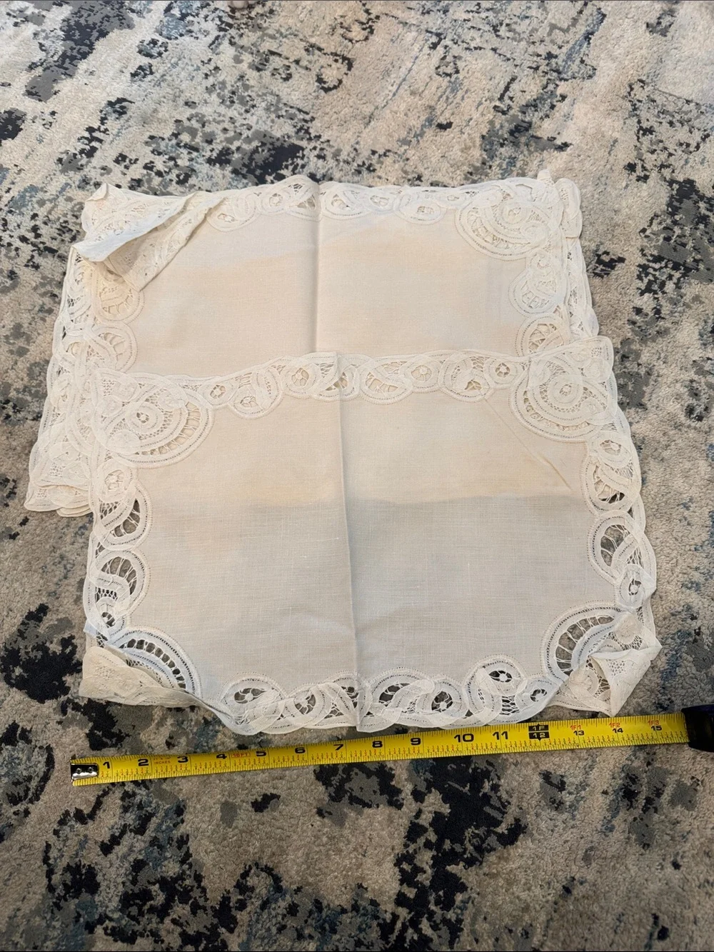 Six vintage French lace/linen napkins. One has a stain please look at photos